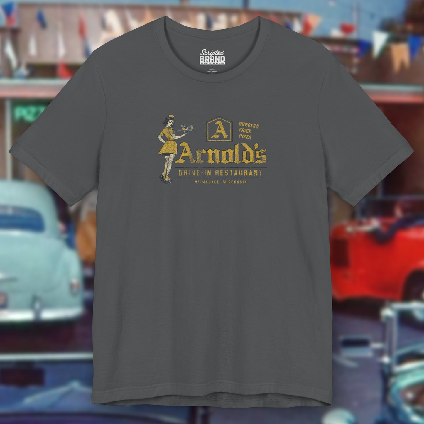 Front view of asphalt grey vintage Arnold’s Drive-In t-shirt inspired by TV show Happy Days.