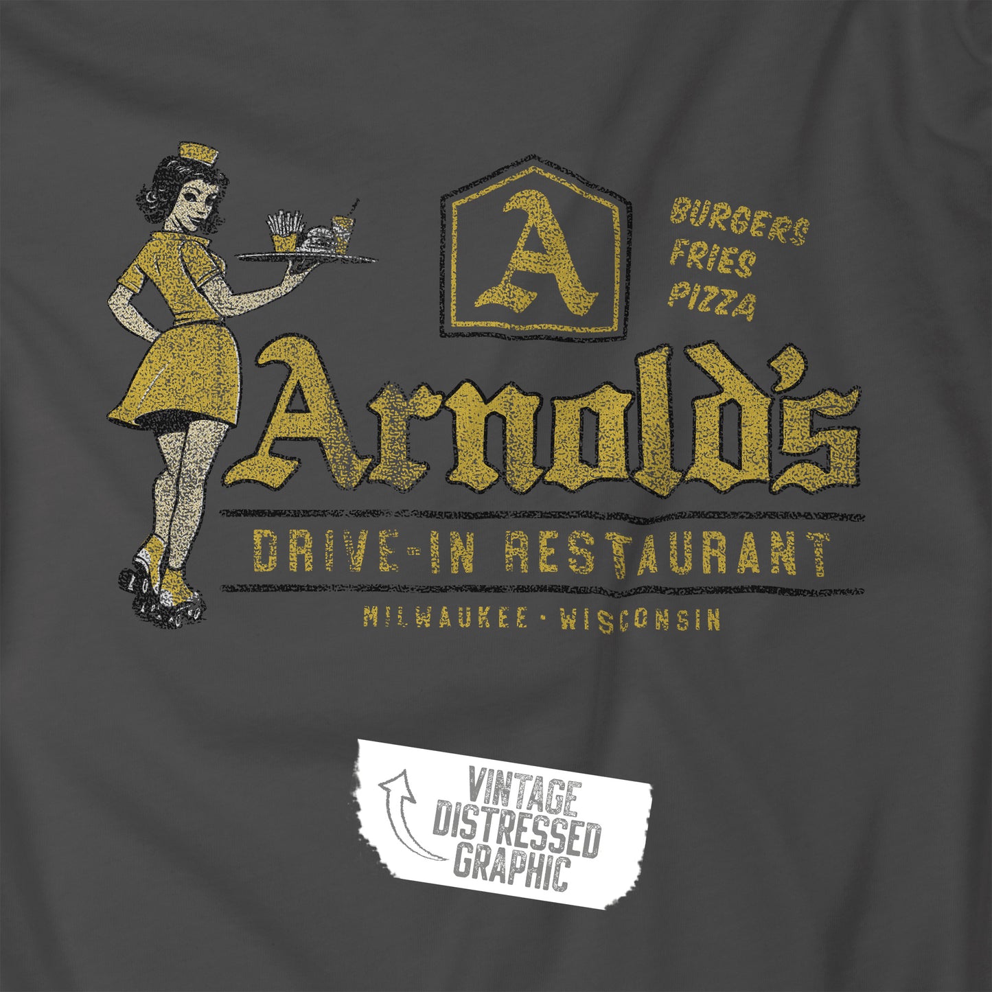 Closeup asphalt grey vintage Arnold’s Drive-In t-shirt inspired by TV show Happy Days.