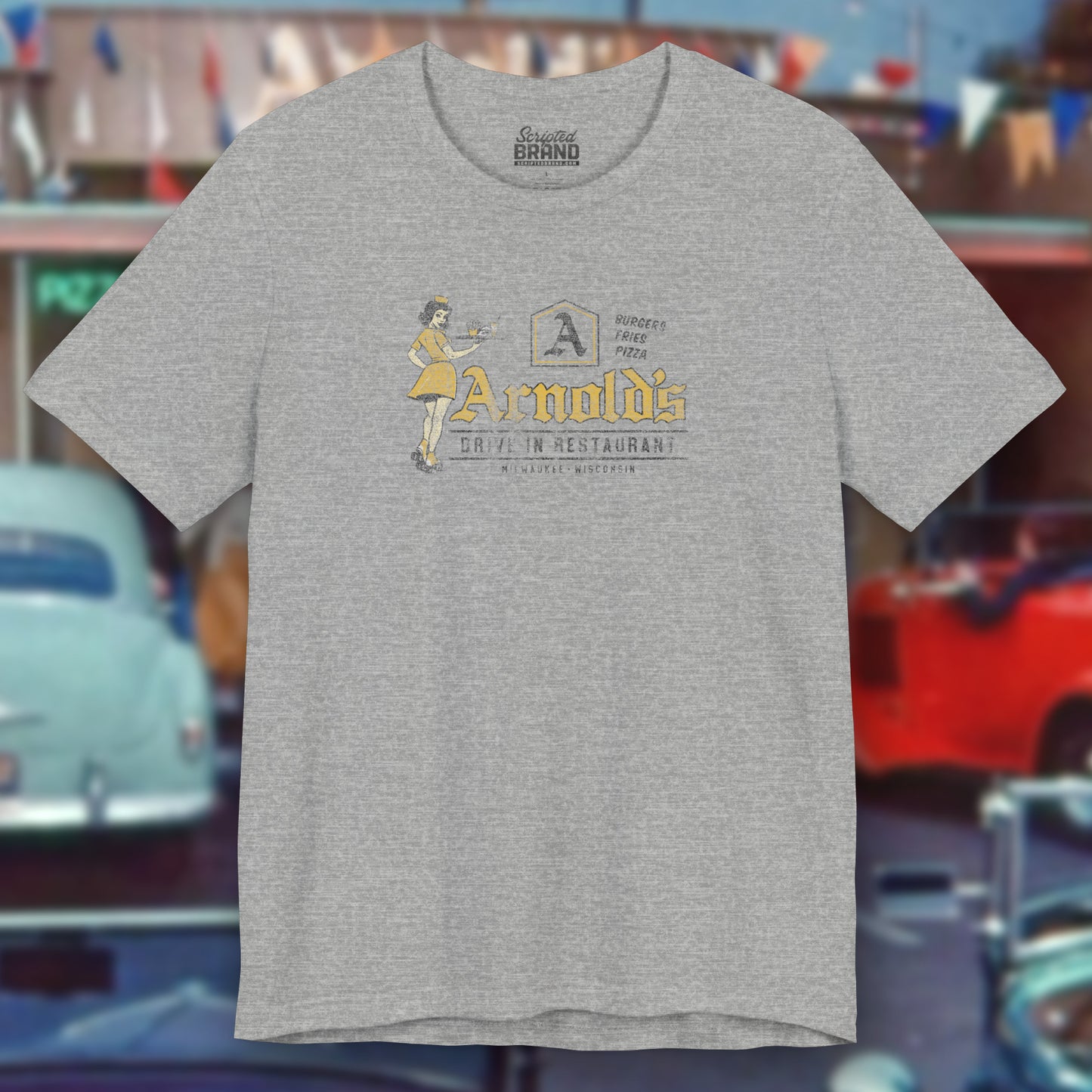 Front view of heather grey vintage Arnold’s Drive-In t-shirt inspired by TV show Happy Days.