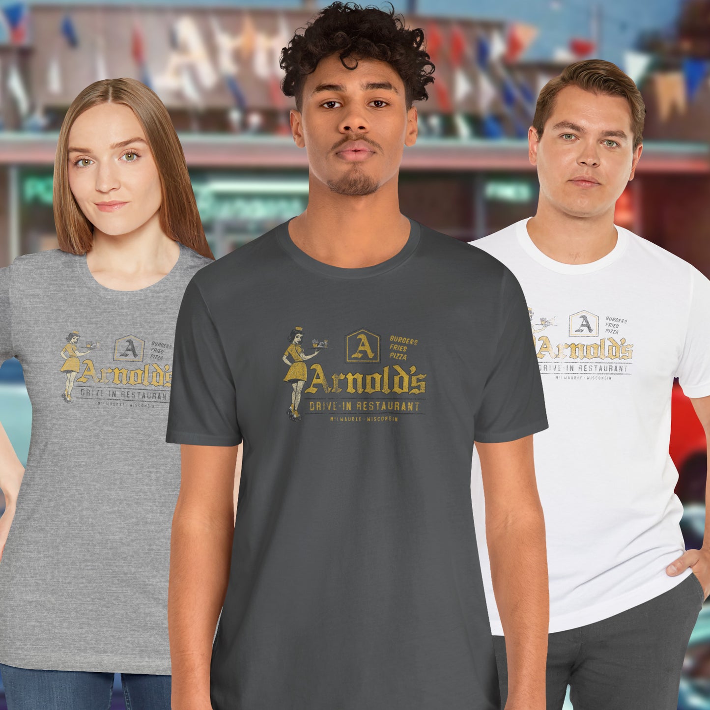3 models wearing vintage Arnold’s Drive-In t-shirts inspired by TV show Happy Days.