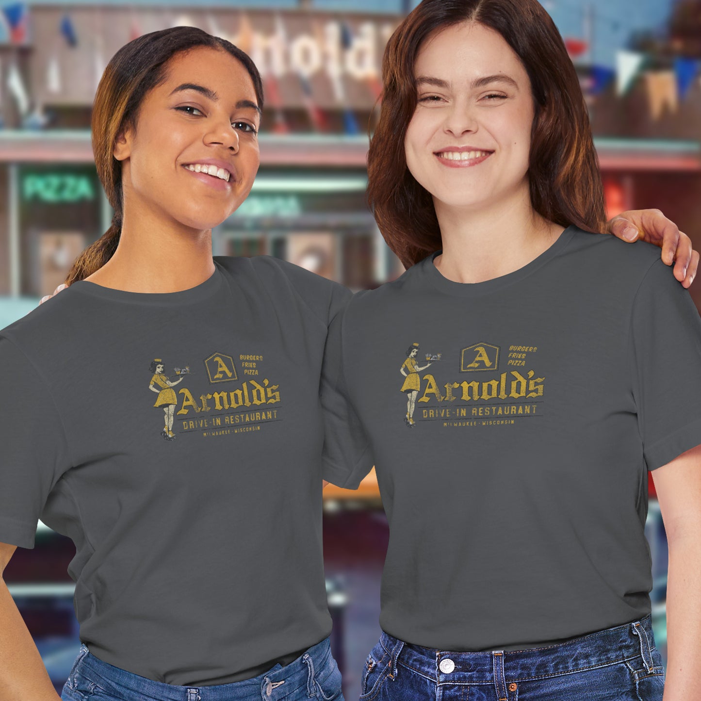 Female models wearing vintage Arnold’s Drive-In t-shirts inspired by TV show Happy Days.