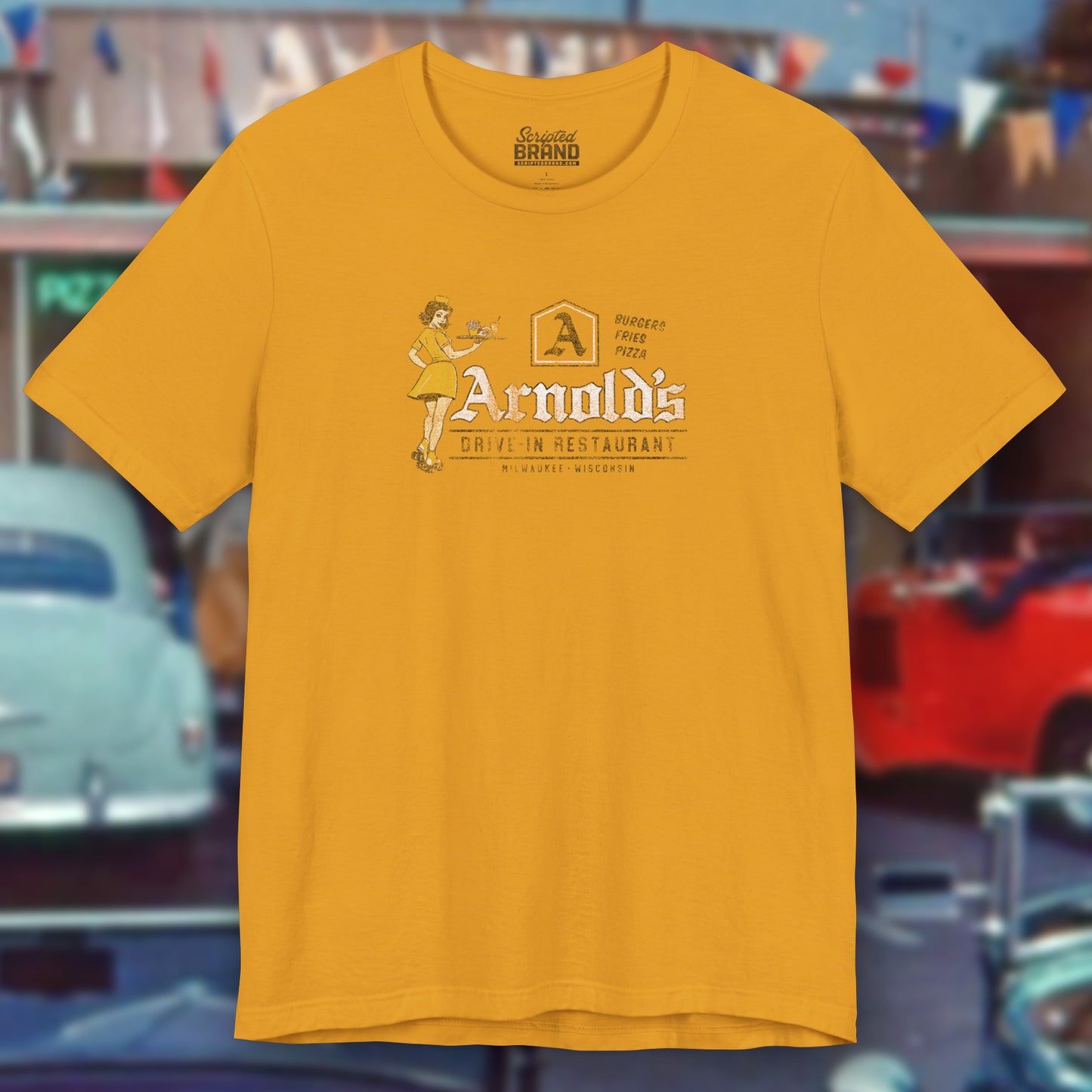 Front view of mustard yellow vintage Arnold’s Drive-In t-shirt inspired by TV show Happy Days.