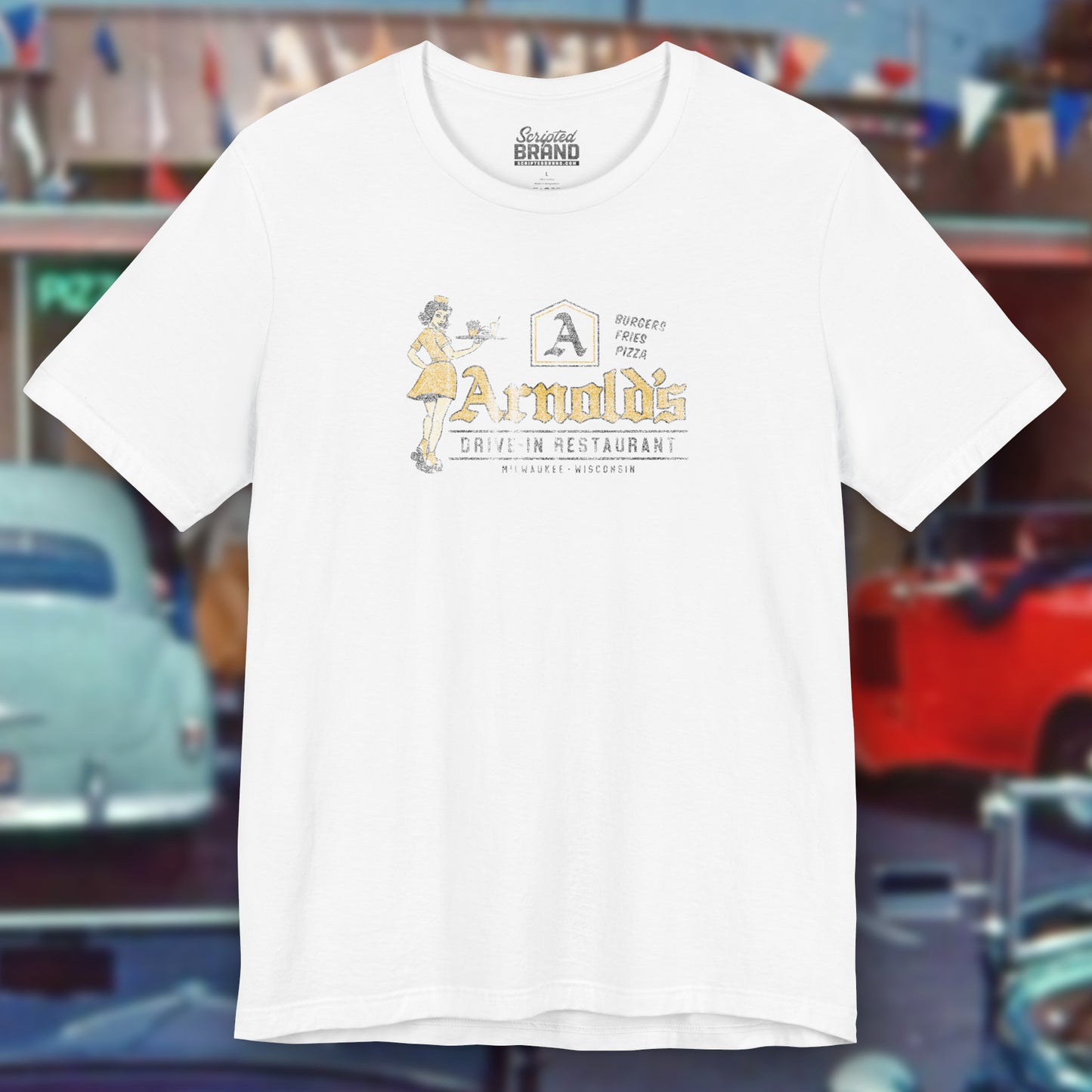 Front view of white vintage Arnold’s Drive-In t-shirt inspired by TV show Happy Days.
