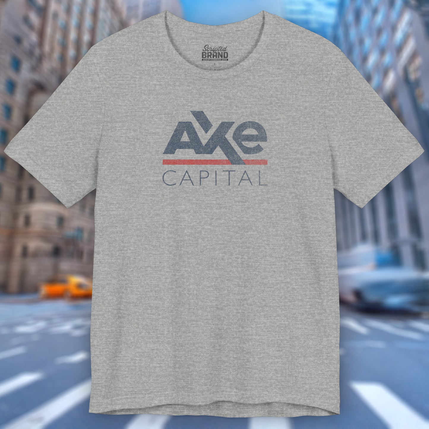 Front view of an athletic grey colored soft Bella+Canvas 3001 short-sleeve t-shirt featuring the Axe Capital logo from the TV show Billions in a vintage distressed style, sold by ScriptedBrand.