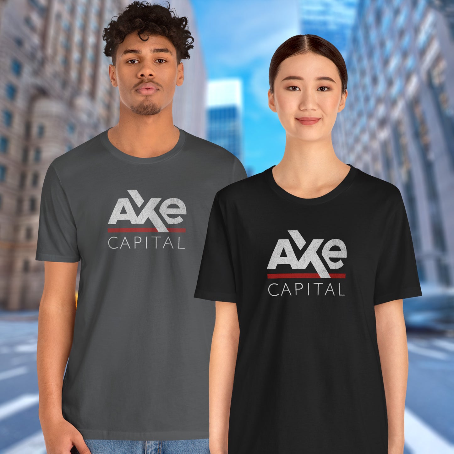 2 models wearing asphalt grey and black colored soft Bella+Canvas 3001 short-sleeve t-shirts featuring the Axe Capital logo from the TV show Billions in a vintage distressed style, sold by ScriptedBrand.