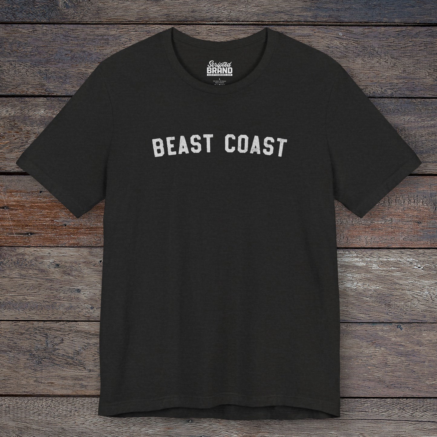Front view of Black Heather t-shirt with vintage BEAST COAST text inspired by Mac from It’s Always Sunny in Philadelphia.