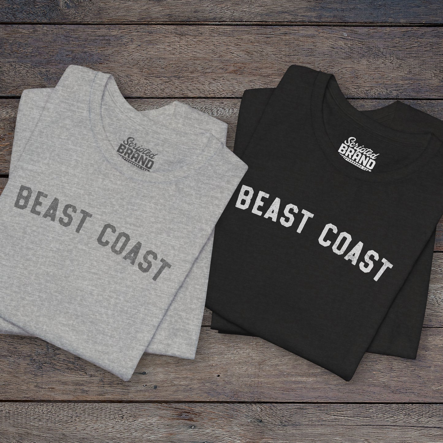 2 Folded t-shirts with vintage BEAST COAST text inspired by Mac from It’s Always Sunny in Philadelphia.