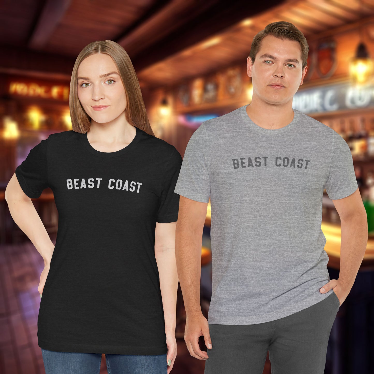 2 models wearing t-shirts with vintage BEAST COAST text inspired by Mac from It’s Always Sunny in Philadelphia.