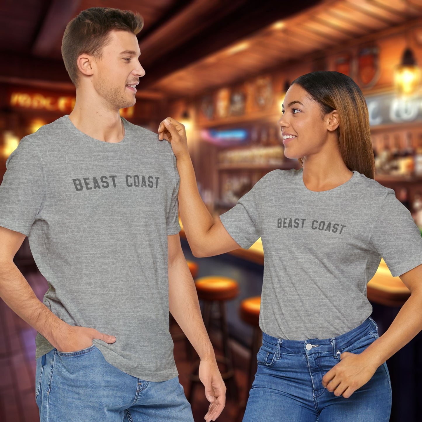 2 models wearing athletic heather t-shirts with vintage BEAST COAST text inspired by Mac from It’s Always Sunny in Philadelphia.