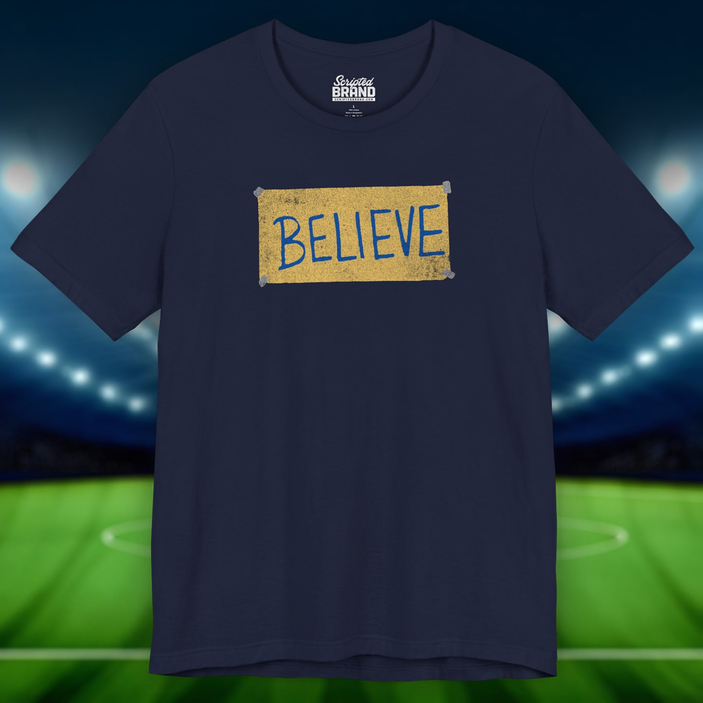 Front view of a navy blue colored soft Bella+Canvas 3001 short-sleeve t-shirt featuring a logo graphic of the BELIEVE sign Ted Lasso hung in the fictional English soccer team AFC Richmond locker room, inspired by the TV show Ted Lasso in a vintage distressed style, sold by ScriptedBrand.