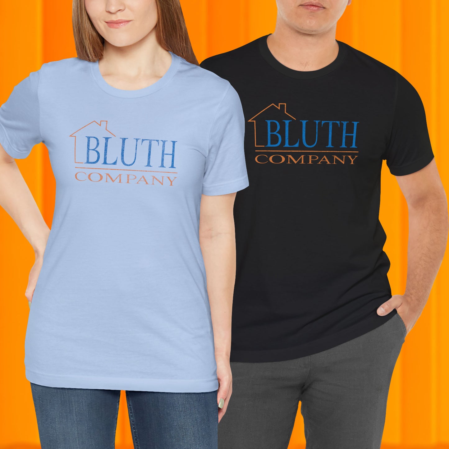 2 models wearing Bella+Canvas t-shirts featuring a vintage Bluth Company logo inspired by the TV show Arrested Development.
