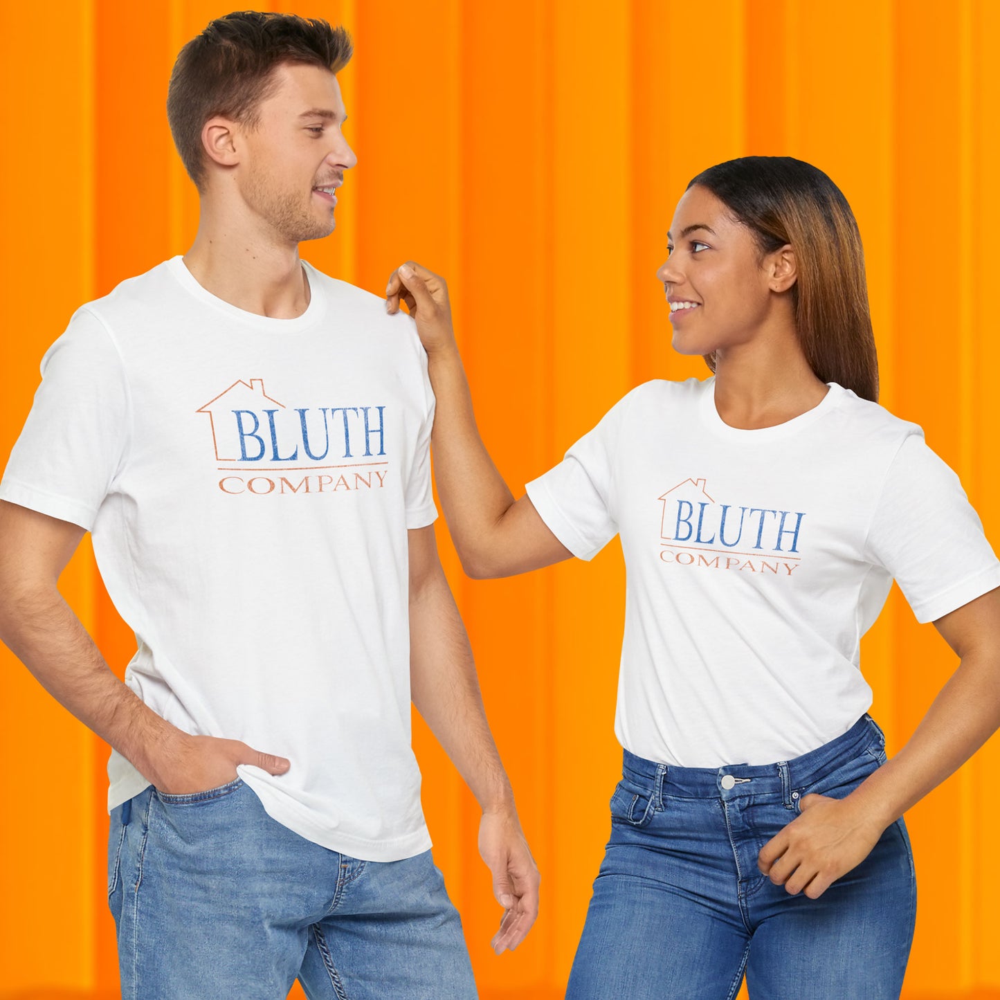 models wearing white Bella+Canvas t-shirts featuring a vintage Bluth Company logo inspired by the TV show Arrested Development
