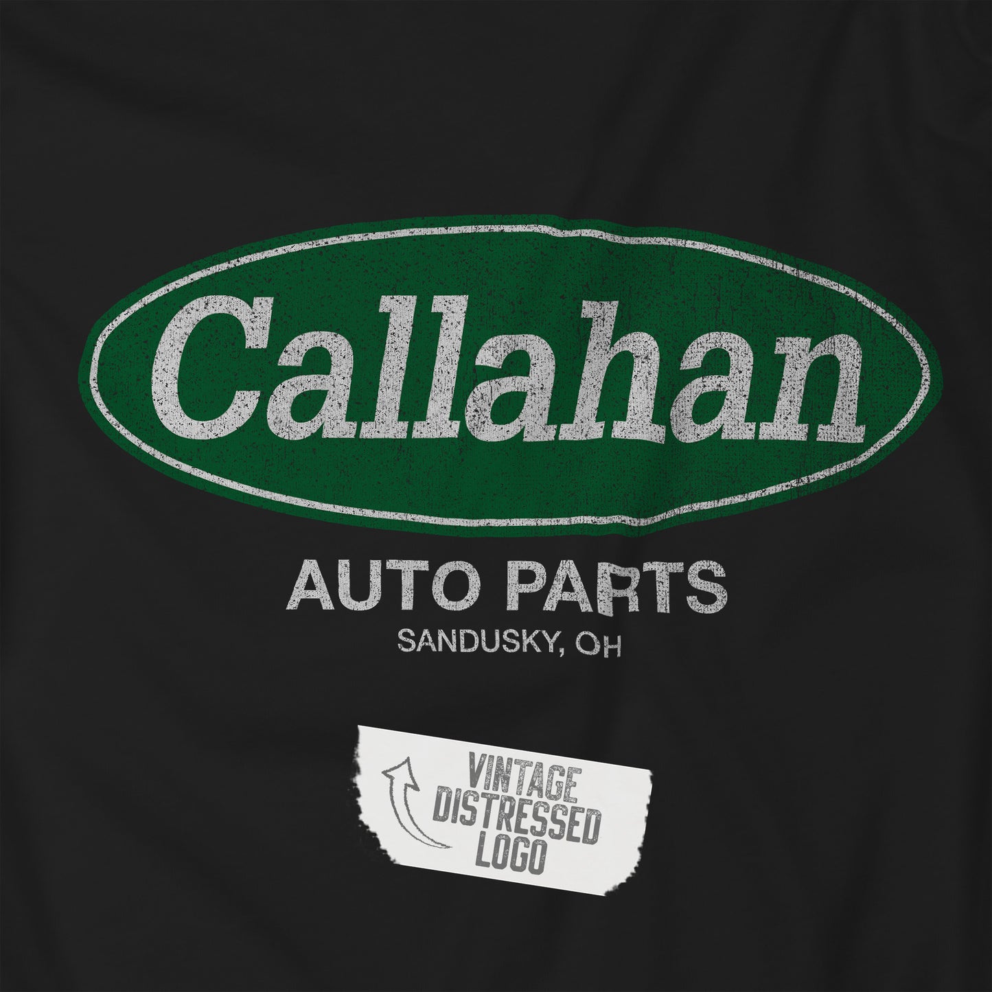 Closeup view of a black soft short-sleeve t-shirt with the Callahan Auto Parts logo from the movie Tommy Boy in a vintage distressed style.