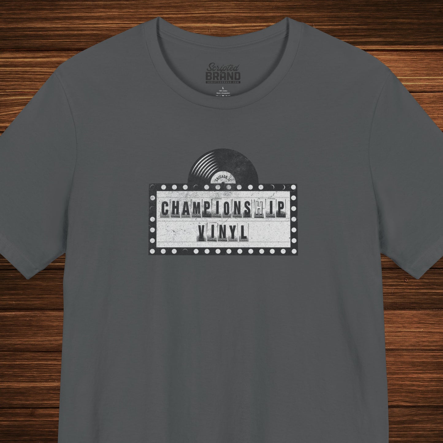 Asphalt Gray t-shirt featuring the fictional logo CHAMPIONSHIP VINYL record store from movie High Fidelity in a vintage distressed style.