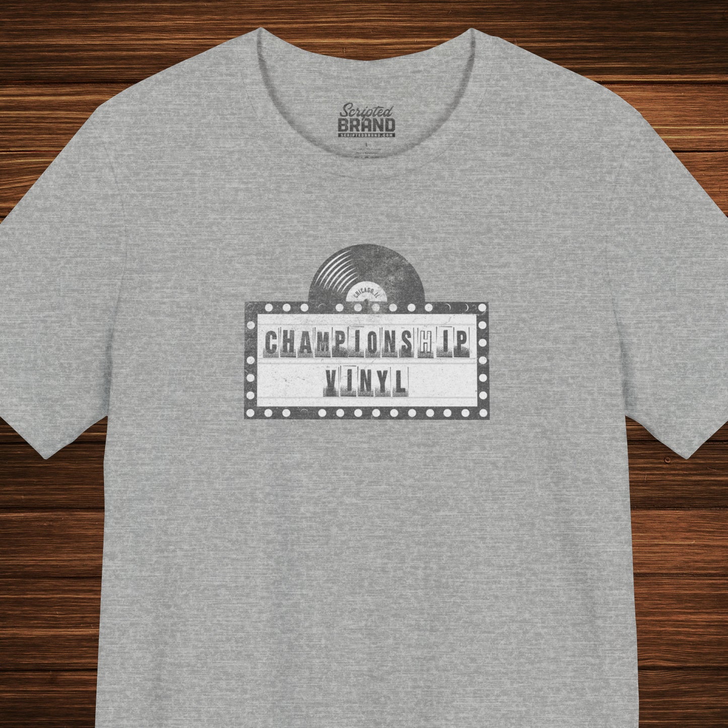 Heather Gray t-shirt featuring the fictional logo CHAMPIONSHIP VINYL record store from movie High Fidelity in a vintage distressed style.