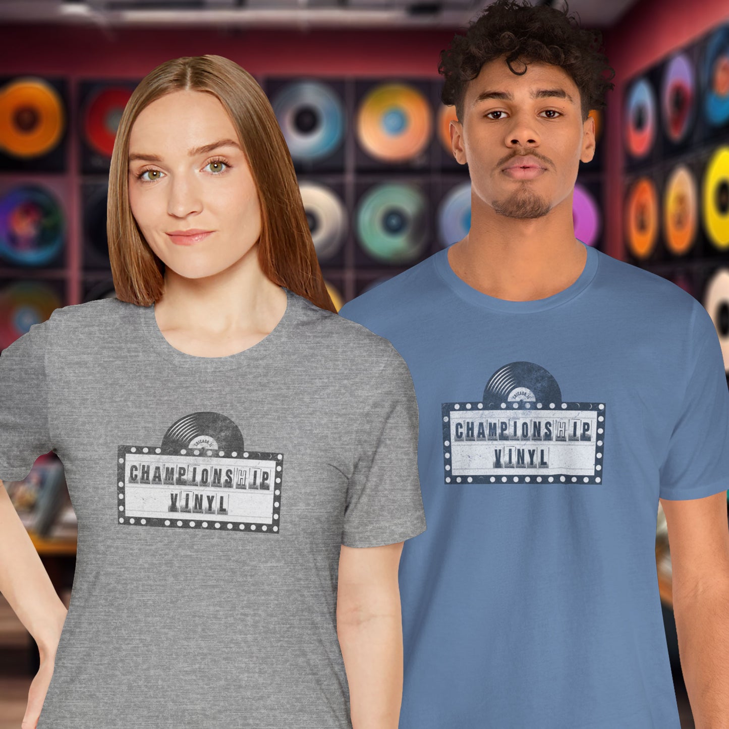 2 models wearing t-shirts featuring the fictional logo CHAMPIONSHIP VINYL record store from movie High Fidelity in a vintage distressed style.