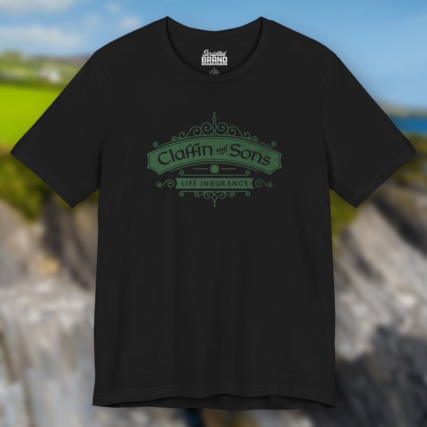 Front view of a black colored soft Bella+Canvas 3001 short-sleeve t-shirt featuring a logo graphic of Claffin & Sons Insurance, designed by ScriptedBrand in a vintage distressed vintage distressed style, inspired by the TV show Bad Sisters.