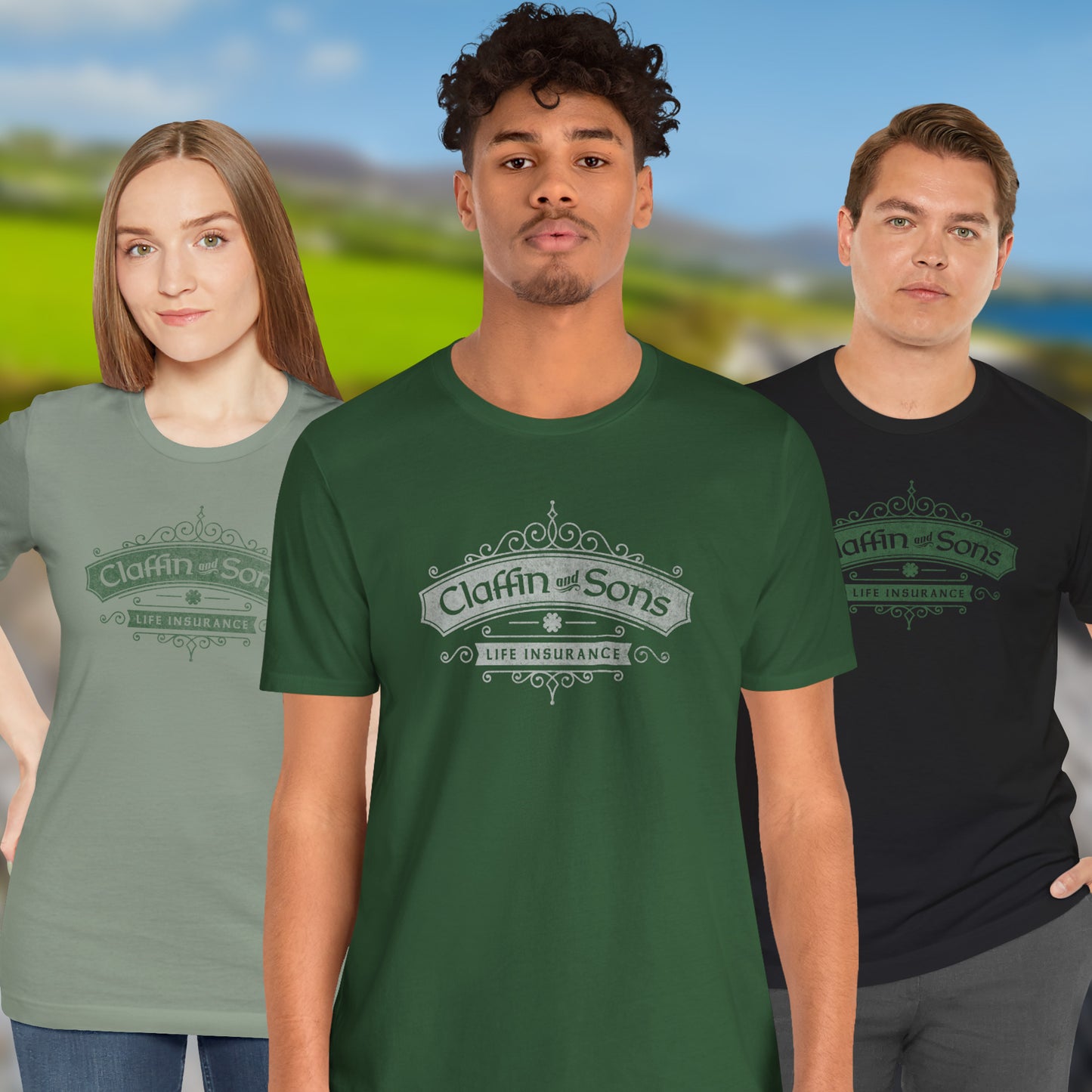 3 models wearing soft Bella+Canvas 3001 short-sleeve t-shirts featuring a logo graphic of Claffin & Sons Insurance, designed by ScriptedBrand in a vintage distressed vintage distressed style, inspired by the TV show Bad Sisters.