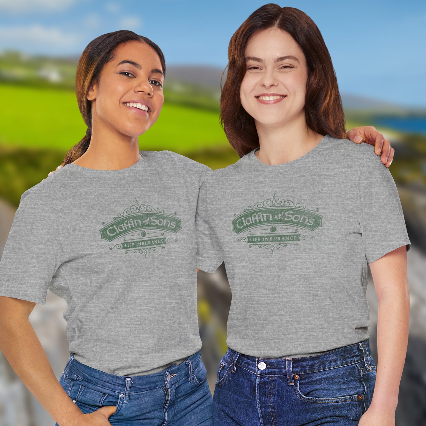 2 female models wearing soft Bella+Canvas 3001 short-sleeve t-shirts featuring a logo graphic of Claffin & Sons Insurance, designed by ScriptedBrand in a vintage distressed vintage distressed style, inspired by the TV show Bad Sisters.