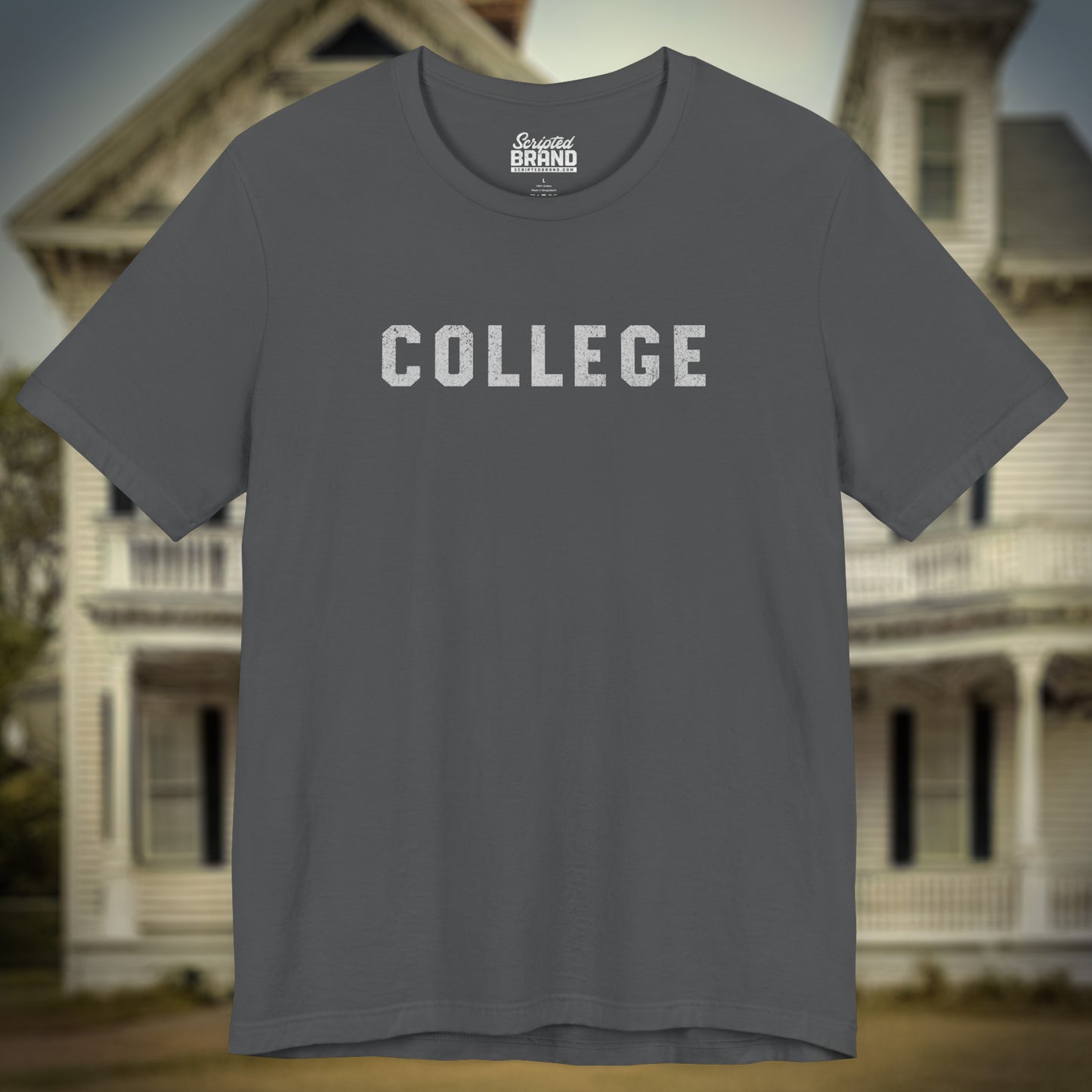 Front view of asphalt gray t-shirt with the 'COLLEGE' graphic John Belushi wore in the movie Animal House.