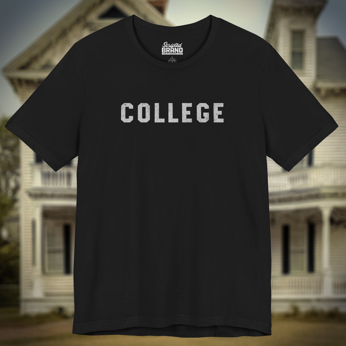 Front view of black t-shirt with the 'COLLEGE' graphic John Belushi wore in the movie Animal House.