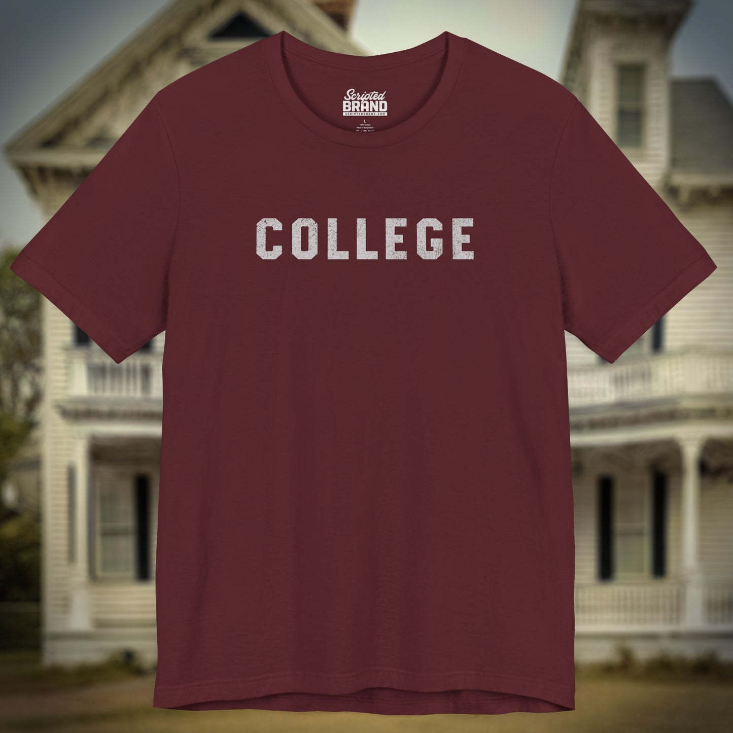 Front view of maroon t-shirt with the 'COLLEGE' graphic John Belushi wore in the movie Animal House.