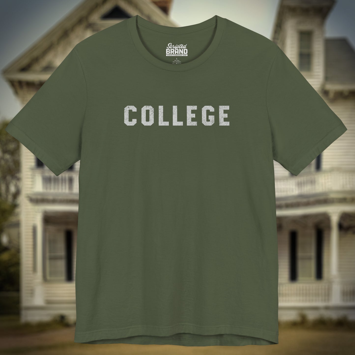 Front view of military green t-shirt with the 'COLLEGE' graphic John Belushi wore in the movie Animal House.