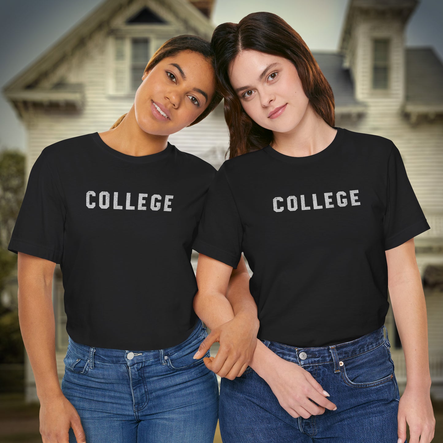 2 women wearing black t-shirts with the 'COLLEGE' graphic John Belushi wore in the movie Animal House.