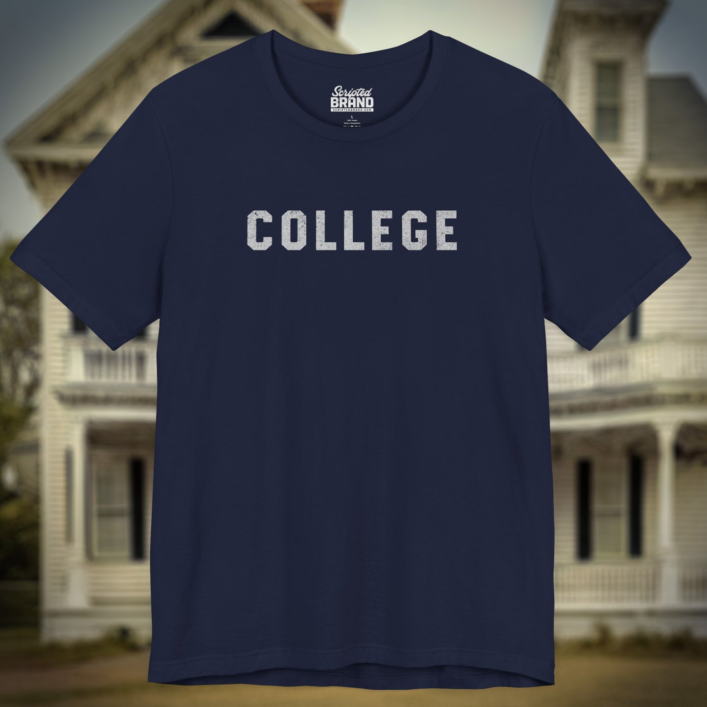 Front view of navy blue t-shirt with the 'COLLEGE' graphic John Belushi wore in the movie Animal House.