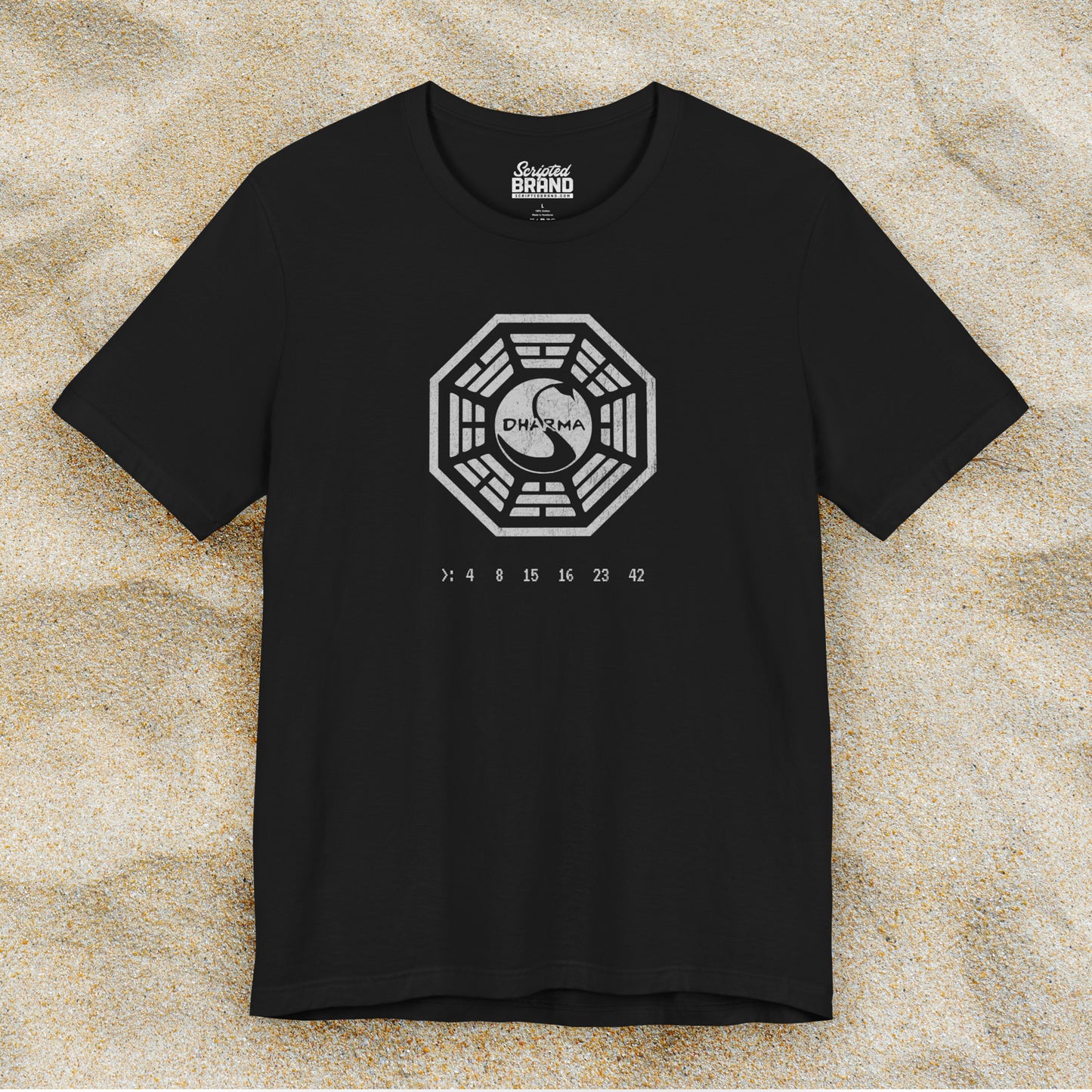 Black short-sleeve t-shirt featuring the Dharma Initiative swan station logo graphic from the TV show LOST in a vintage distressed style.