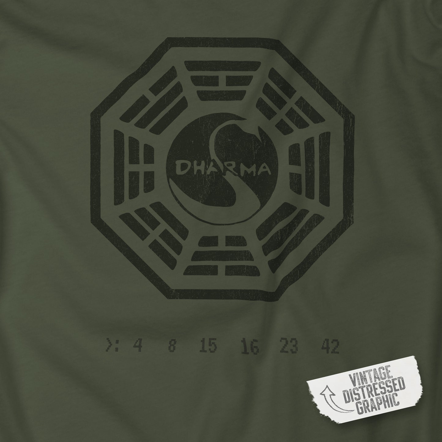 Closeup view of a Military green soft short-sleeve t-shirt featuring the Dharma Initiative swan station logo graphic from the TV show LOST in a vintage distressed style.