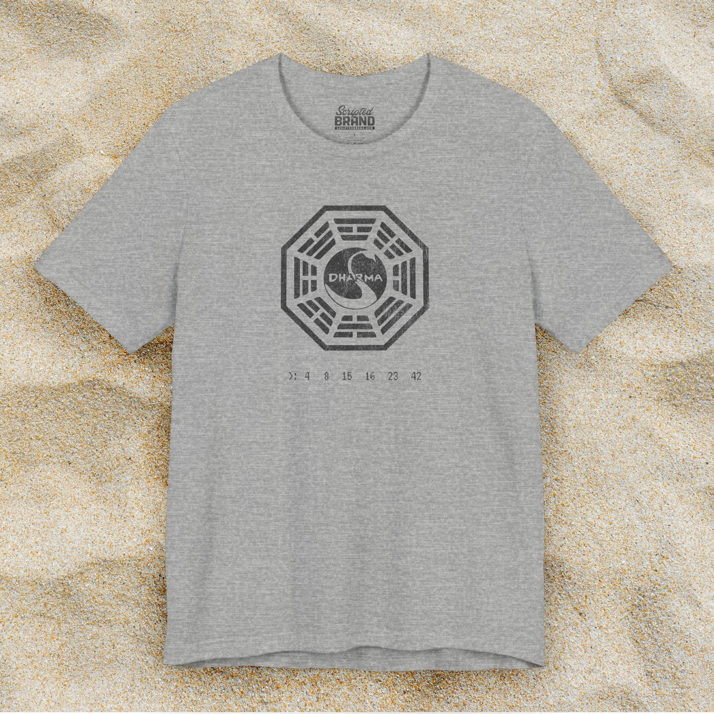 Heather Grey short-sleeve t-shirt featuring the Dharma Initiative swan station logo graphic from the TV show LOST in a vintage distressed style.