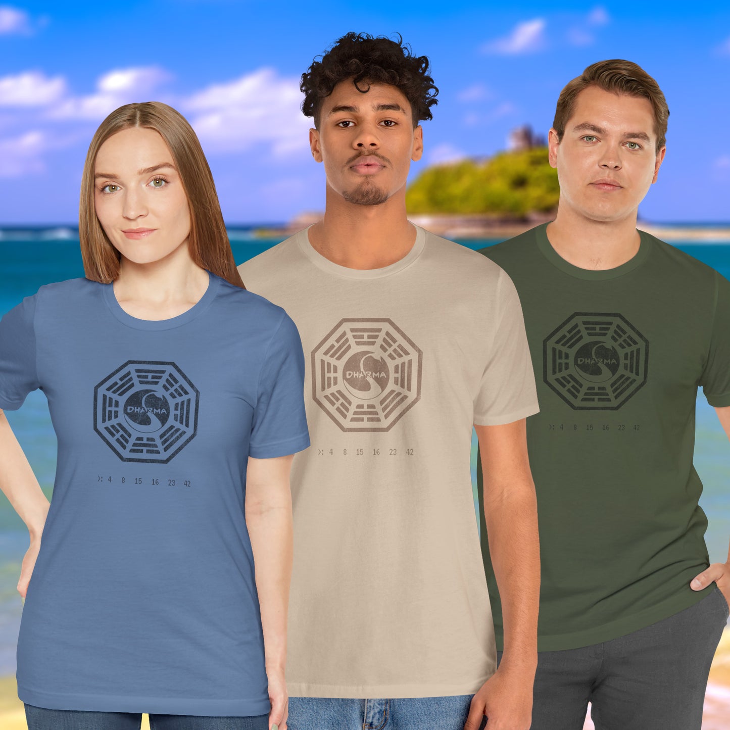 3 models wearing short-sleeve t-shirts featuring the Dharma Initiative swan station logo graphic from the TV show LOST in a vintage distressed style.
