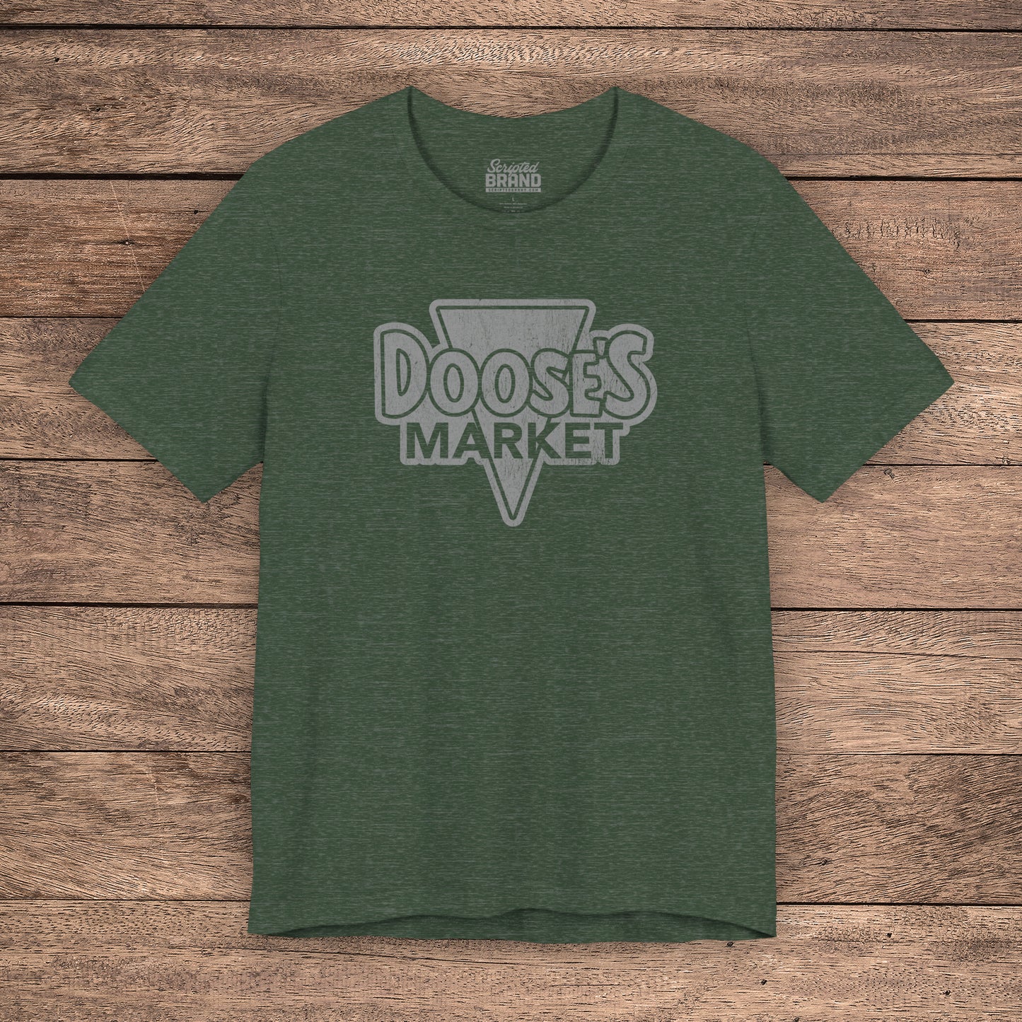 Heather Forest green Bella+Canvas t-shirt with a vintage-style Doose’s Market logo graphic, inspired by Gilmore Girls