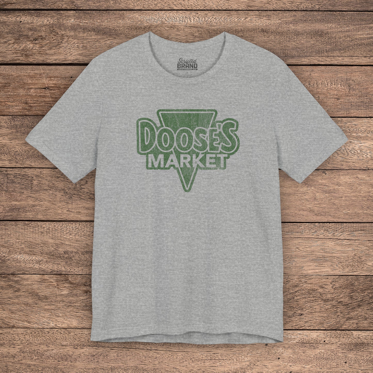 Heather Gray Bella+Canvas t-shirt with a vintage-style Doose’s Market logo graphic in green, inspired by Gilmore Girls