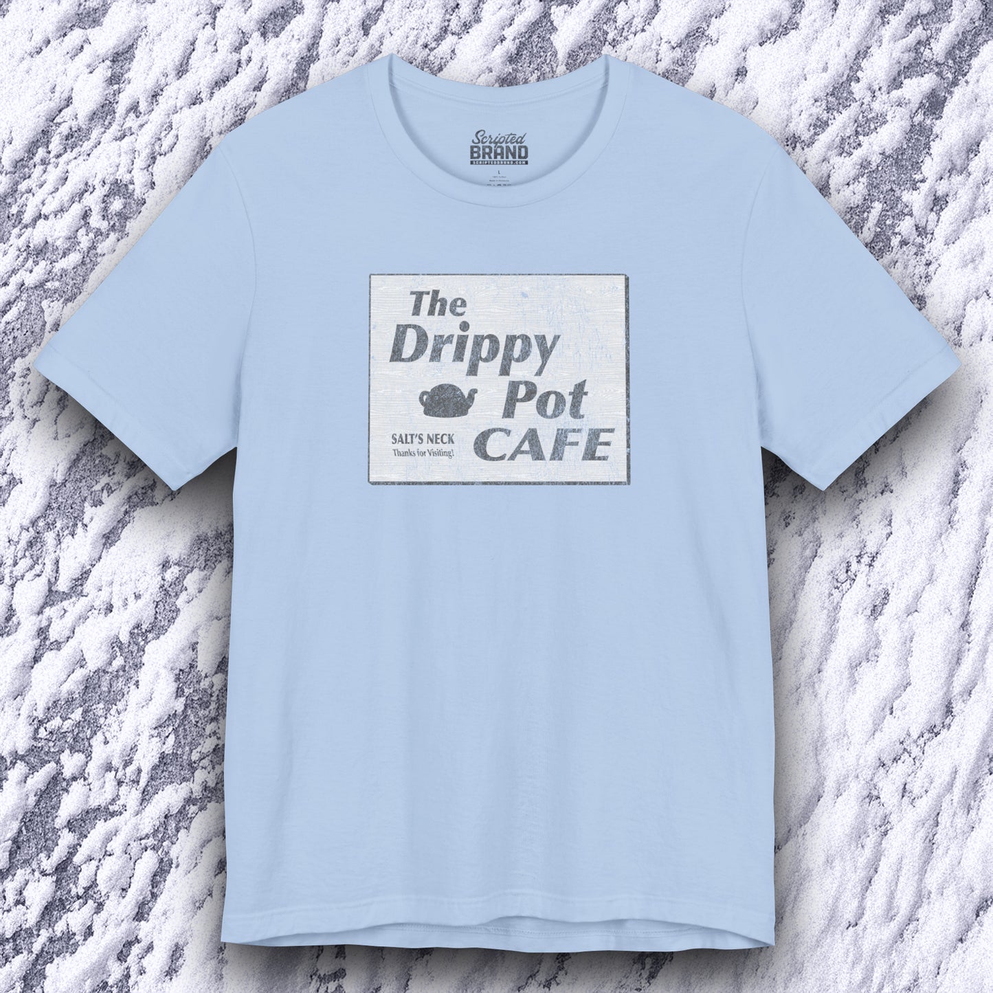 front view of baby blue short-sleeve t-shirt featuring vintage Drippy Pot Café logo from Severance TV show, unisex fit