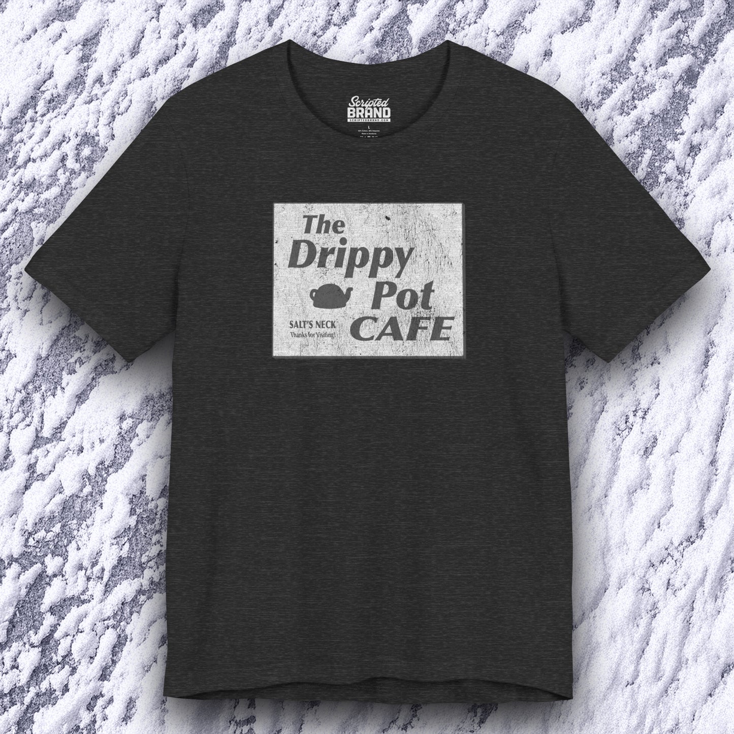 front view of dark grey heather short-sleeve t-shirt featuring vintage Drippy Pot Café logo from Severance TV show, unisex fit