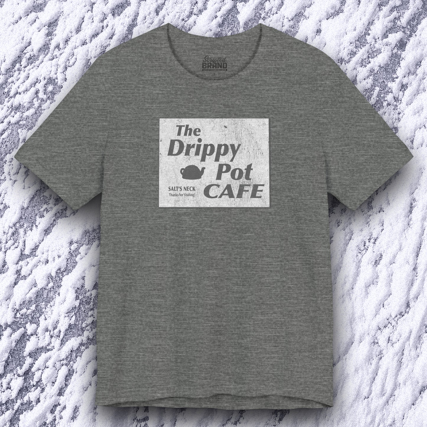 front view of deep heather short-sleeve t-shirt featuring vintage Drippy Pot Café logo from Severance TV show, unisex fit