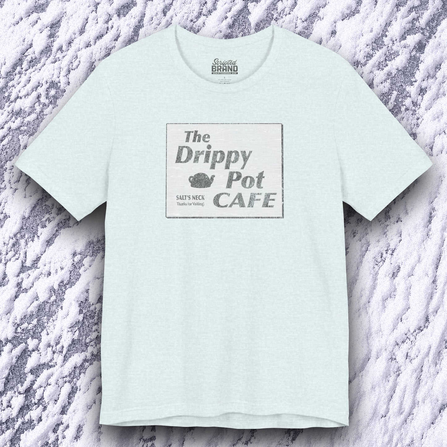 front view of heather ice blue short-sleeve t-shirt featuring vintage Drippy Pot Café logo from Severance TV show, unisex fit