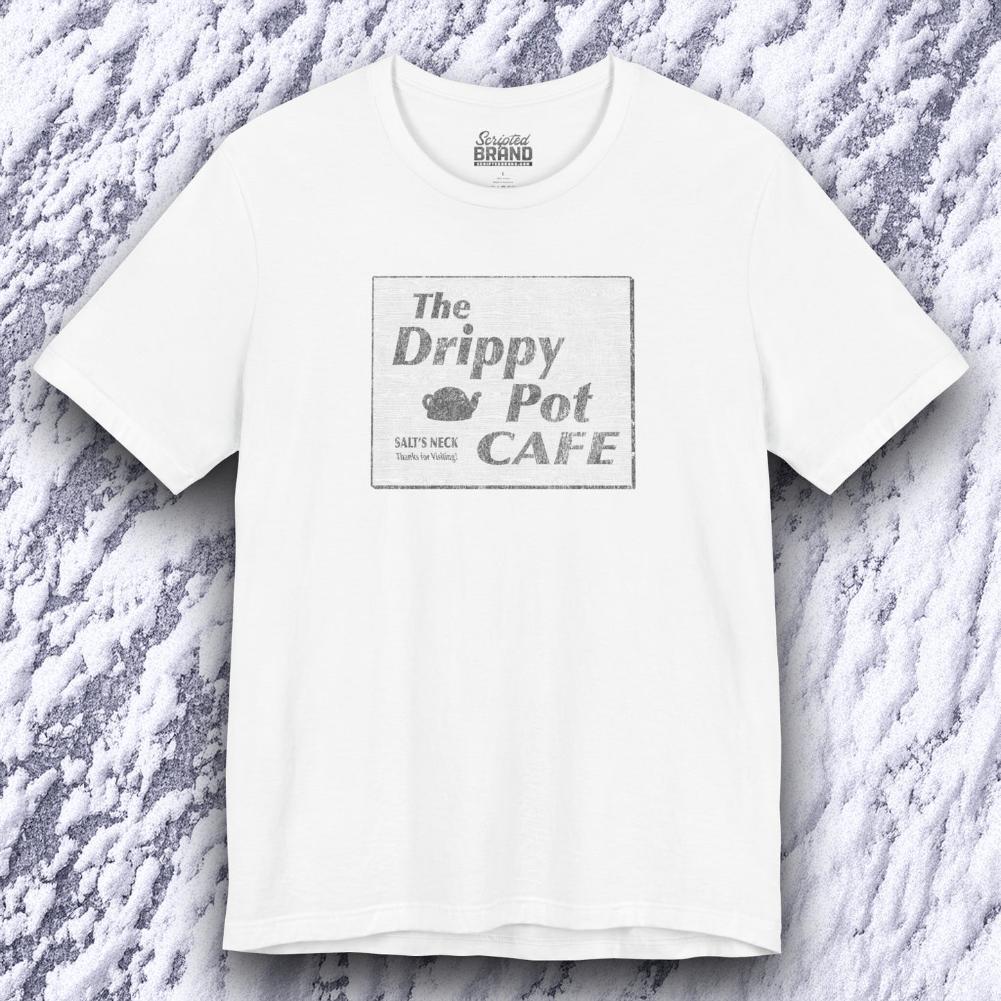 front view of white short-sleeve t-shirt featuring vintage Drippy Pot Café logo from Severance TV show, unisex fit