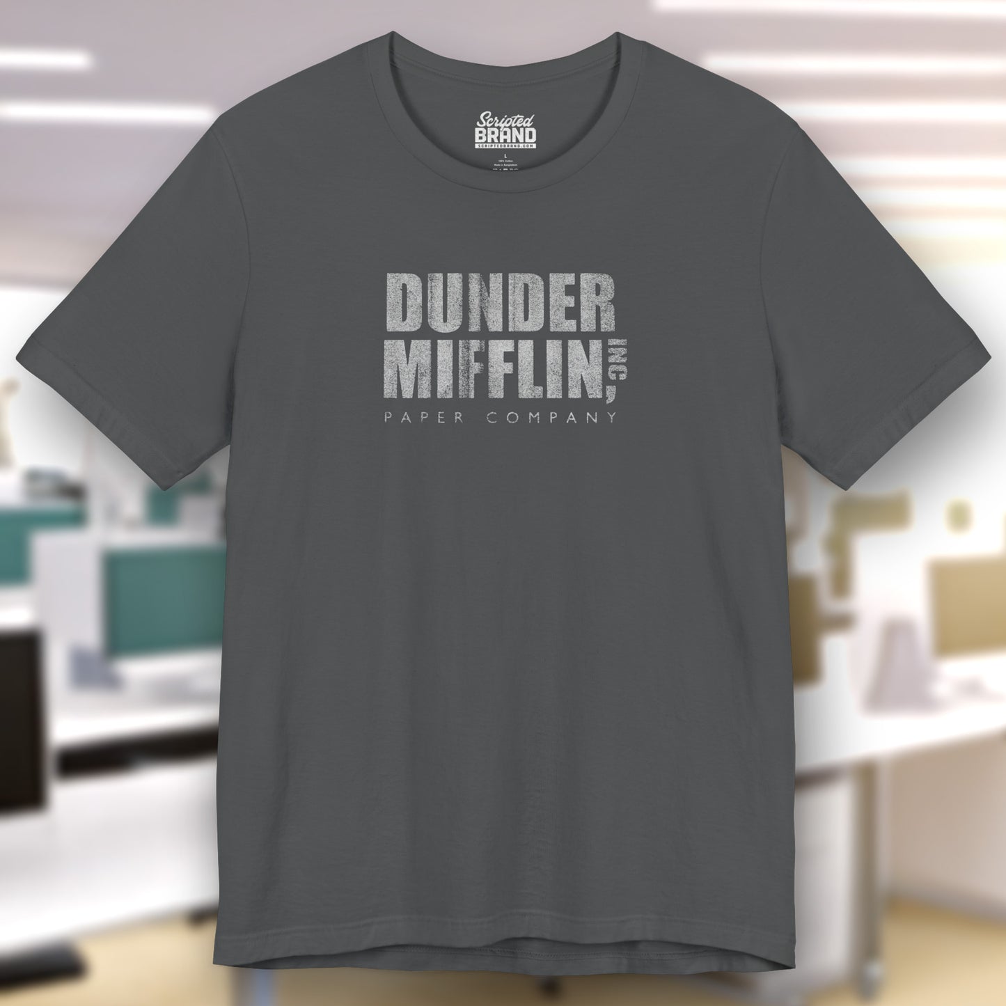 Asphalt Gray t-shirt featuring the Dunder Mifflin logo from the TV show The Office in a vintage distressed style.