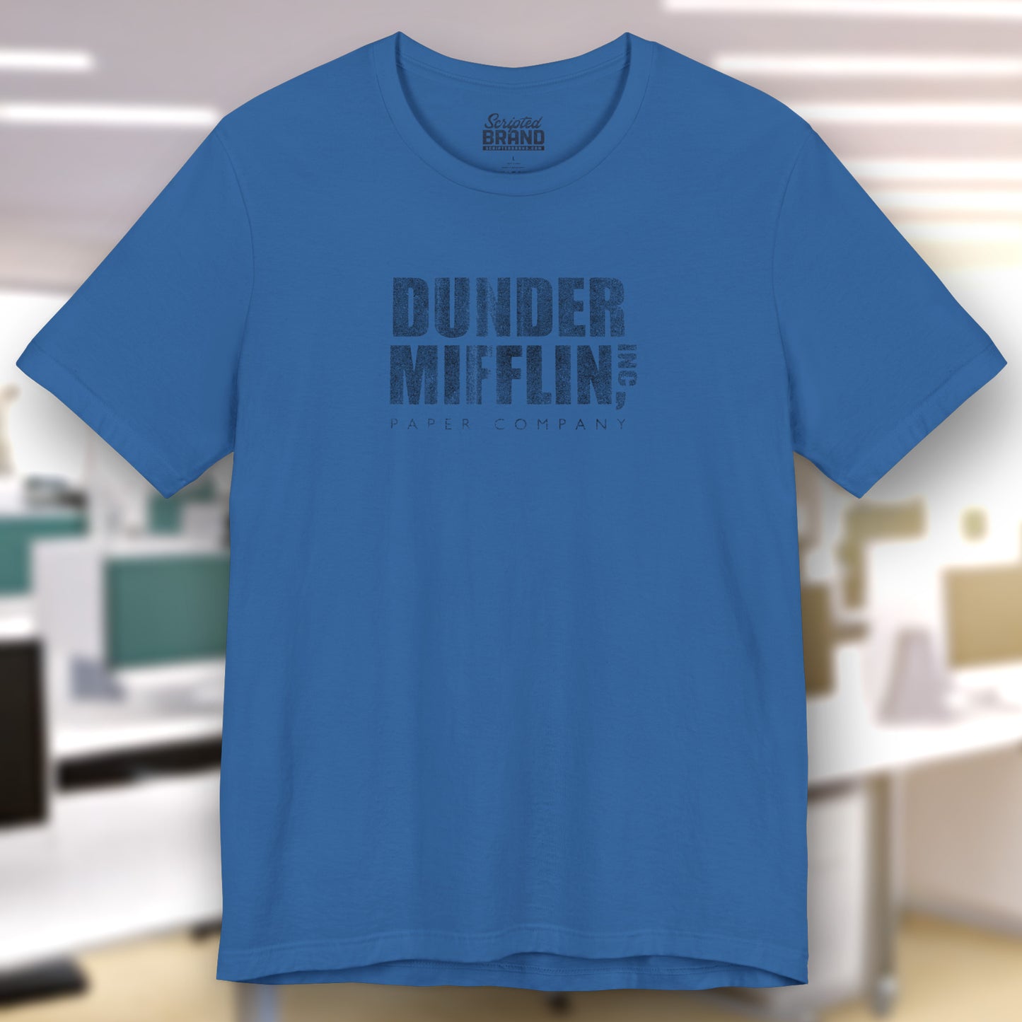 Columbia Blue t-shirt featuring the Dunder Mifflin logo from the TV show The Office in a vintage distressed style.