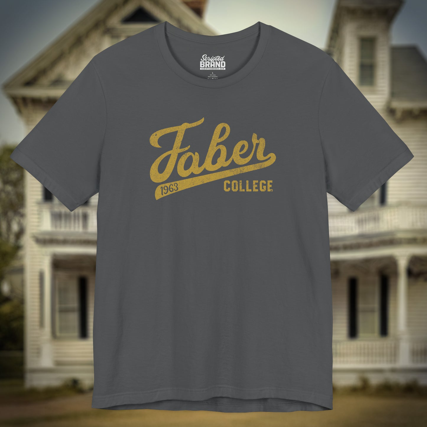 Asphalt Gray t-shirt with Faber College Script logo from the movie Animal House in a vintage distressed style.