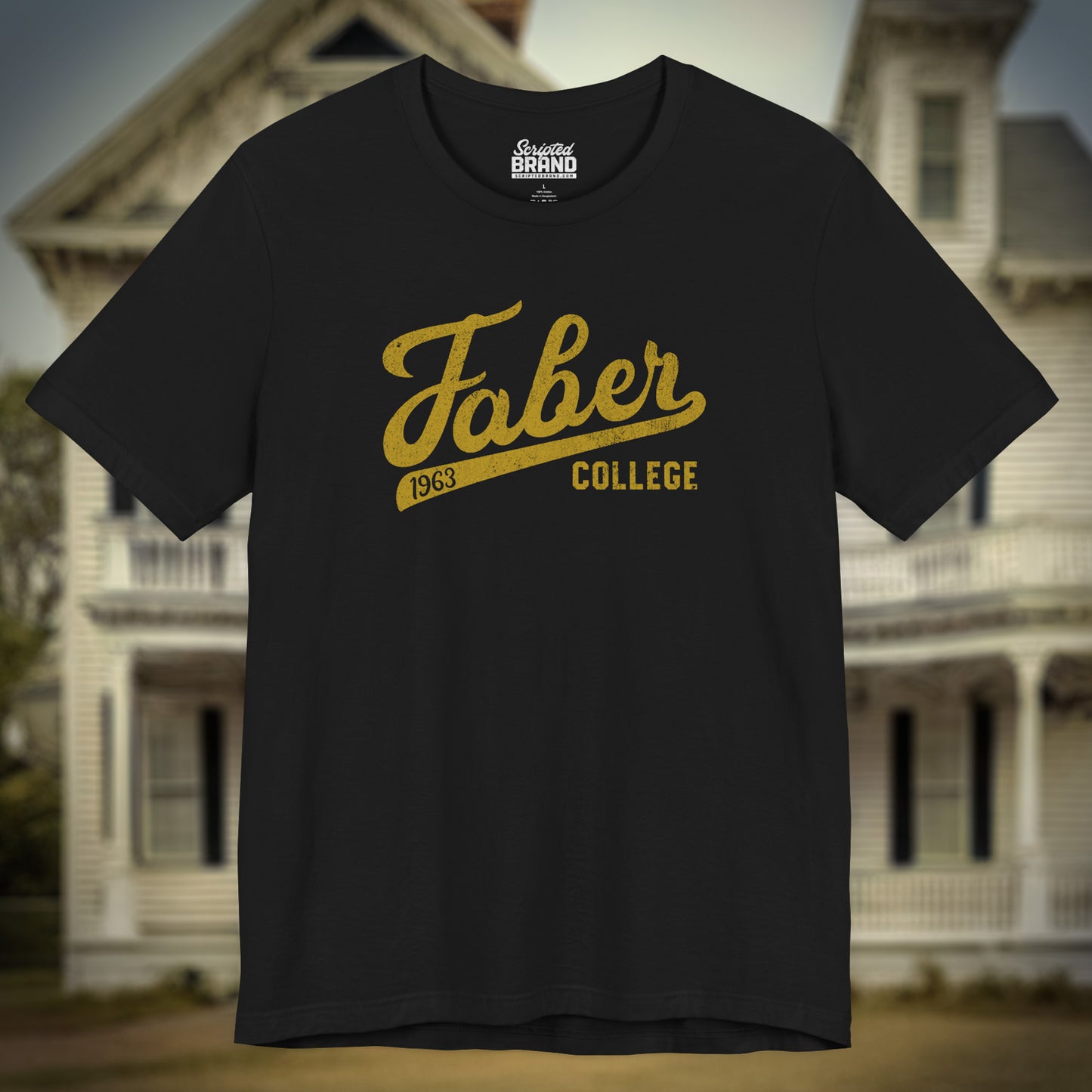 Black t-shirt with Faber College Script logo from the movie Animal House in a vintage distressed style.