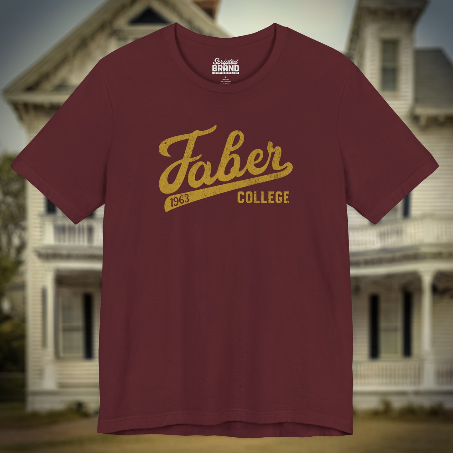 Maroon t-shirt with Faber College Script logo from the movie Animal House in a vintage distressed style.