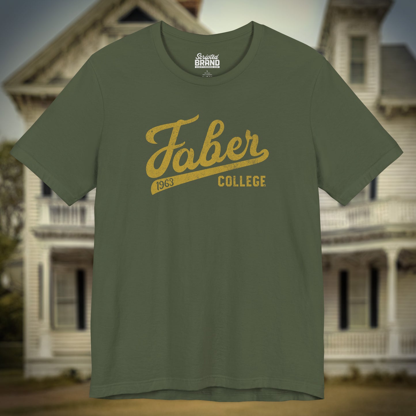 Military Green t-shirt with Faber College Script logo from the movie Animal House in a vintage distressed style.