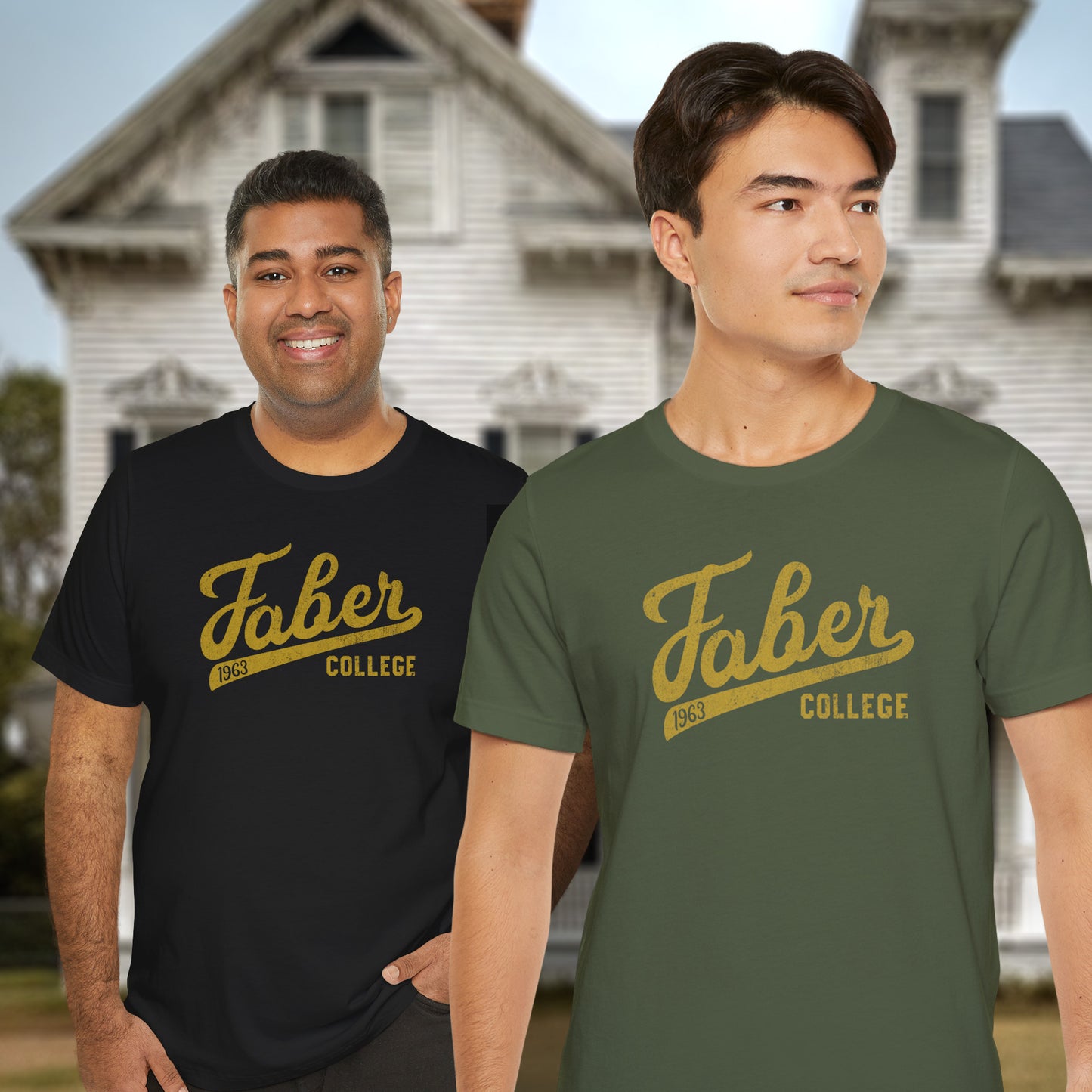 2 men wearing t-shirts with Faber College Script logo from the movie Animal House in a vintage distressed style.