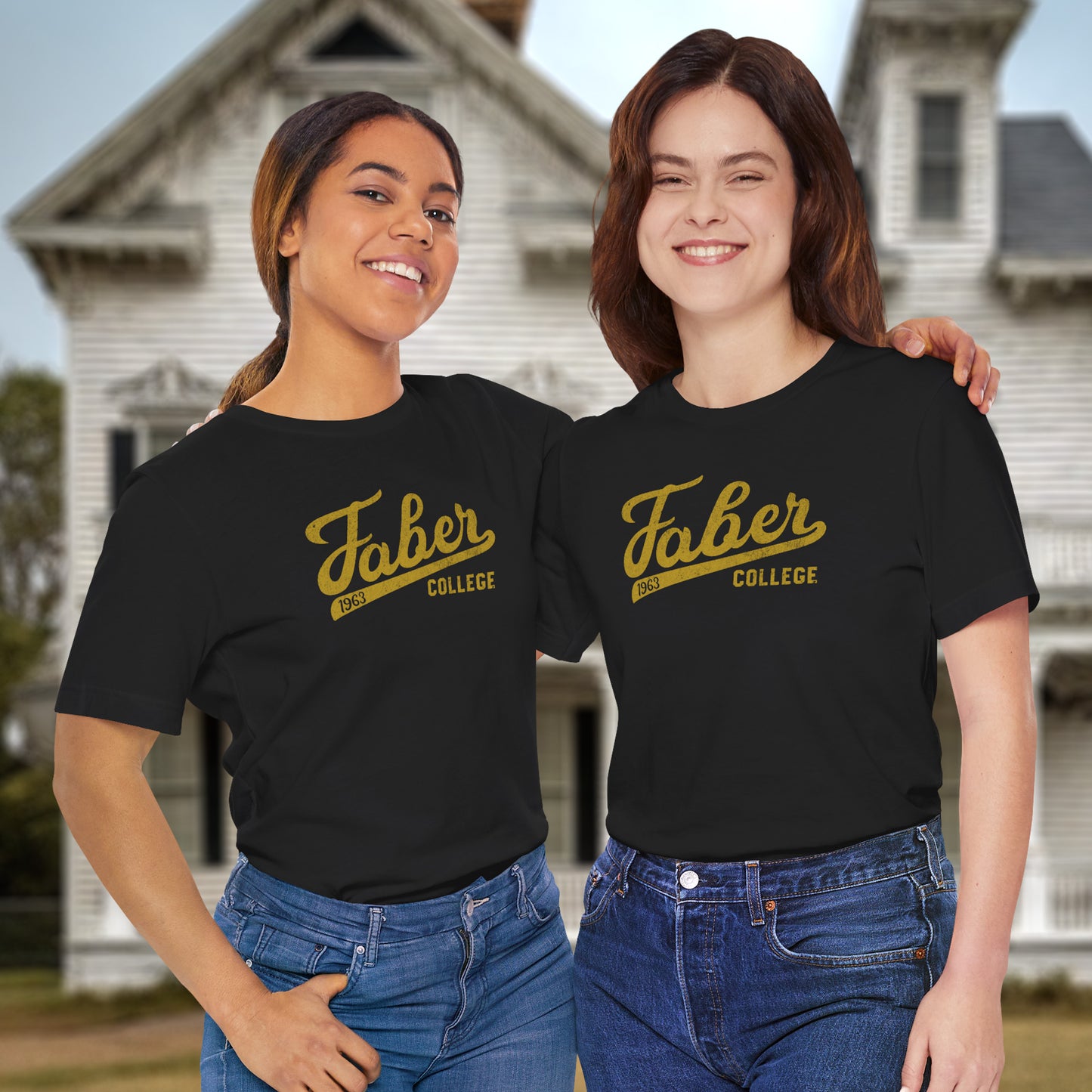 2 women wearing black t-shirts with Faber College Script logo from the movie Animal House in a vintage distressed style.