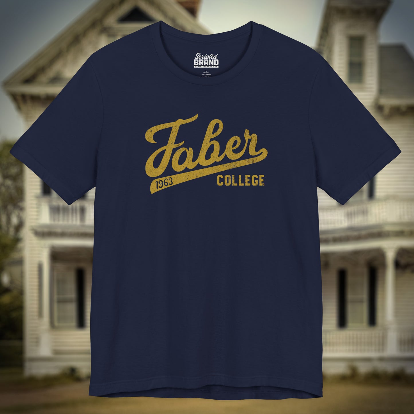 Navy Blue t-shirt with Faber College Script logo from the movie Animal House in a vintage distressed style.