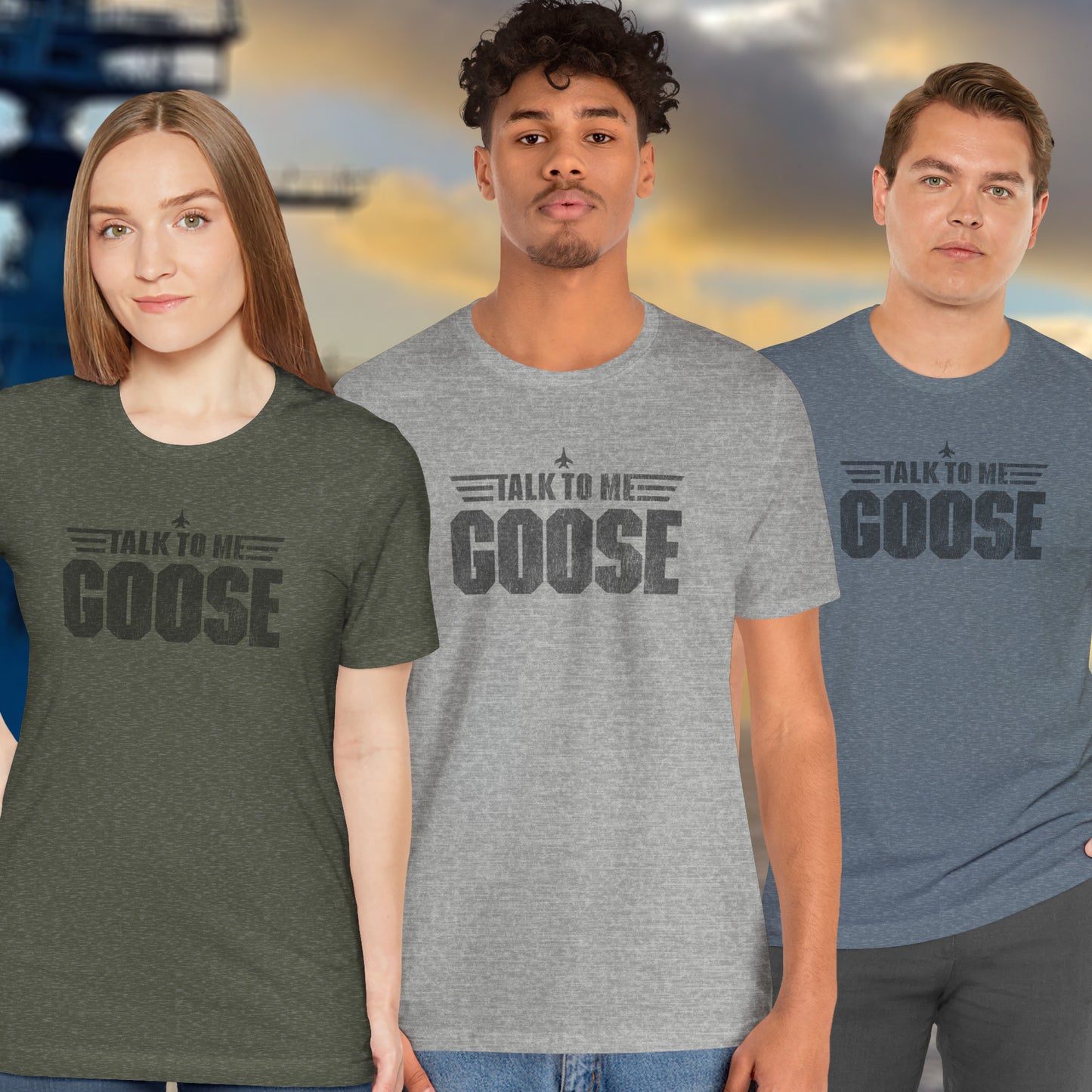 3 models wearing soft unisex Bella+Canvas 3001 short-sleeve t-shirts featuring a graphic designed by ScriptedBrand in a vintage distressed style with the text TALK TO ME GOOSE, inspired by the Movie Top Gun.